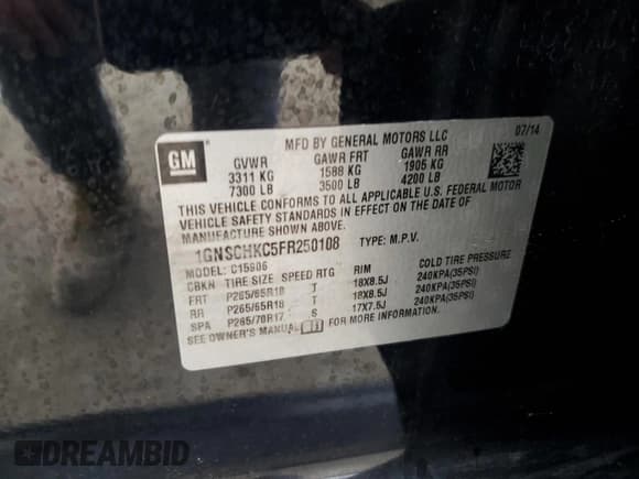 ✅ 2015 Chevrolet Suburban LS • VIN: 1GNSCHKC5FR250108 • Lot: 47133585. Listed on Copart with 188,099 mi. Free auction sales archive from the USA and detailed vehicle history report at DreamBid. Image 13.