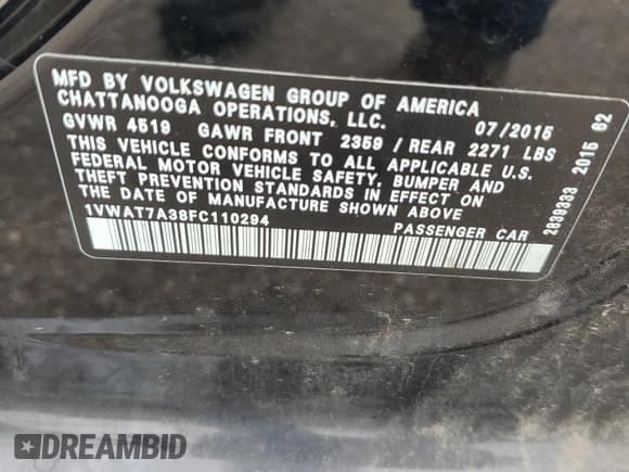 ✅ 2015 Volkswagen Passat Limited Edition • VIN: 1VWAT7A38FC110294 • Lot: 63344235. Listed on Copart with 116,169 mi. Free auction sales archive from the USA and detailed vehicle history report at DreamBid. Image 12.