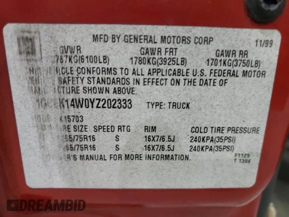 ✅ 2000 Chevrolet Silverado 1500 • VIN: 1GCEK14W0YZ202333 • Lot: 79273364. Listed on Copart with 225,242 mi. Free auction sales archive from the USA and detailed vehicle history report at DreamBid. Image 12.