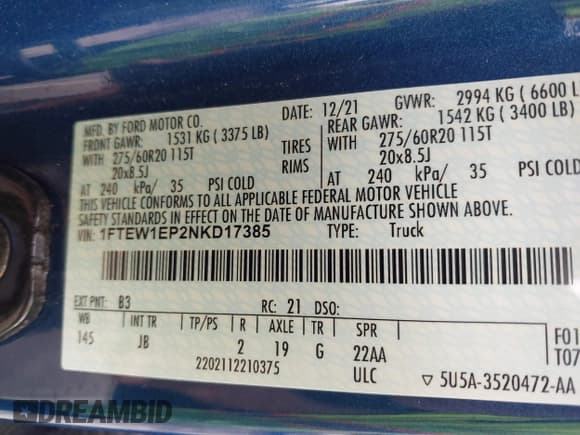 ✅ 2022 Ford F-150 XL • VIN: 1FTEW1EP2NKD17385 • Лот: 42378513. Опубликован ранее на IAAI с пробегом 51 543 миль. Бесплатный доступ к архиву аукционных продаж из США и подробный отчёт об истории автомобиля на DreamBid. Изображение 9.