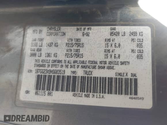 1992 Dodge Dakota z VIN 1B7GG23X9NS683519, wystawiony jako IAAI lot #42217984 z przebiegiem 178 152 mil mil oraz . Historia ofert i sprzedaży dostępna na DreamBid. Obrazek 9.