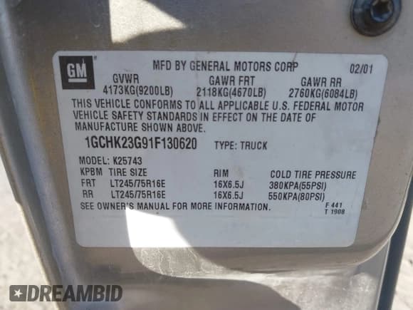 ✅ 2001 Chevrolet Silverado 2500HD LT3 • VIN: 1GCHK23G91F130620 • Лот: 41320145. Опубликован ранее на IAAI с пробегом 240 794 миль. Бесплатный доступ к архиву аукционных продаж из США и подробный отчёт об истории автомобиля на DreamBid. Изображение 9.