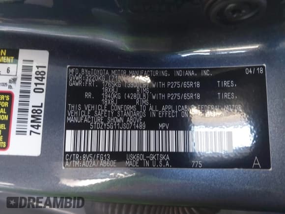 ✅ 2018 Toyota Sequoia SR5 • VIN: 5TDZY5G11JS071489 • Lot: 41350026. Wystawiony na IAAI z przebiegiem 47 570 mil. Bezpłatny archiwum sprzedaży aukcyjnych z USA i szczegółowy raport historii pojazdu na DreamBid. Zdjęcie 9.