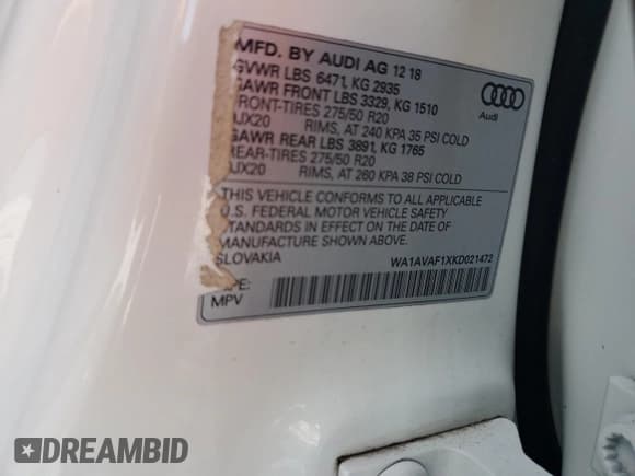 ✅ 2019 Audi Q8 Premium • VIN: WA1AVAF1XKD021472 • Lot: 87428885. Listed on Copart with 104,217 mi. Free auction sales archive from the USA and detailed vehicle history report at DreamBid. Image 14.