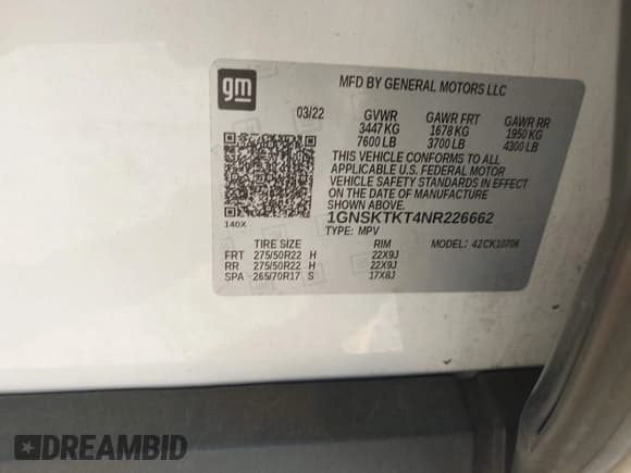 ✅ 2022 Chevrolet Tahoe High Country • VIN: 1GNSKTKT4NR226662 • Лот: 43460253. Опубликован ранее на IAAI с пробегом 86 693 миль. Бесплатный доступ к архиву аукционных продаж из США и подробный отчёт об истории автомобиля на DreamBid. Изображение 9.