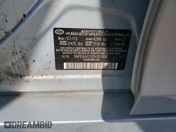 ✅ 2013 Hyundai Sonata GLS • VIN: 5NPEB4ACXDH707308 • Lot: 68061874. Listed on Copart with 102,070 mi. Free auction sales archive from the USA and detailed vehicle history report at DreamBid. Image 13.