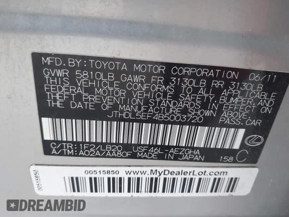 ✅ 2011 Lexus LS 460 L • VIN: JTHDL5EF4B5003720 • Lot: 43374824. Listed on IAAI with 211,411 mi. Free auction sales archive from the USA and detailed vehicle history report at DreamBid. Image 9.