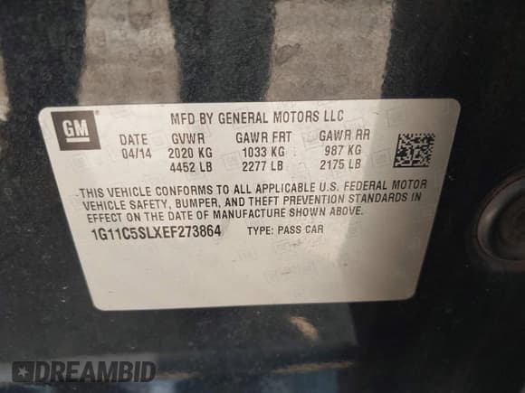 ✅ 2014 Chevrolet Malibu LT • VIN: 1G11C5SLXEF273864 • Lot: 43410489. Listed on IAAI with 155,912 mi. Free auction sales archive from the USA and detailed vehicle history report at DreamBid. Image 9.