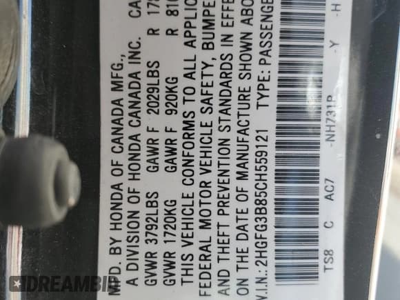 ✅ 2012 Honda Civic EX • VIN: 2HGFG3B85CH559121 • Лот: 83837175. Опубликован ранее на Copart с пробегом Не указан. Бесплатный доступ к архиву аукционных продаж из США и подробный отчёт об истории автомобиля на DreamBid. Изображение 12.