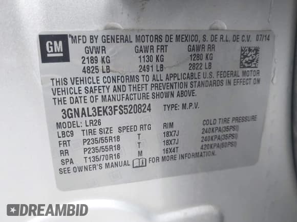 ✅ 2015 Chevrolet Captiva Sport LT • VIN: 3GNAL3EK3FS520824 • Lot: 42023066. Wystawiony na IAAI z przebiegiem 112 950 mil. Bezpłatny archiwum sprzedaży aukcyjnych z USA i szczegółowy raport historii pojazdu na DreamBid. Zdjęcie 9.