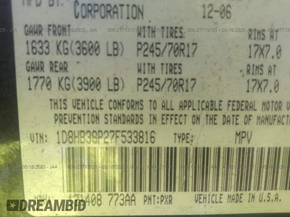 ✅ 2007 Dodge Durango SXT • VIN: 1D8HB38P27F533816 • Lot: 27713121. Listed on IAAI with 129,031 mi. Free auction sales archive from the USA and detailed vehicle history report at DreamBid. Image 9.
