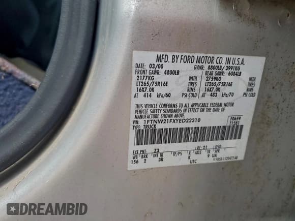 ✅ 2000 Ford F-250 XL • VIN: 1FTNW21FXYED22310 • Lot: 93288165. Listed on Copart with 191,630 mi. Free auction sales archive from the USA and detailed vehicle history report at DreamBid. Image 12.