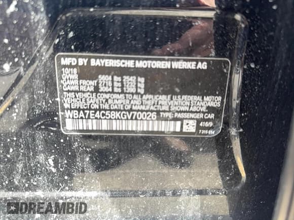 ✅ 2019 BMW 7 Series 740i xDrive • VIN: WBA7E4C58KGV70026 • Lot: 59465615. Listed on Copart with Not provided. Free auction sales archive from the USA and detailed vehicle history report at DreamBid. Image 12.