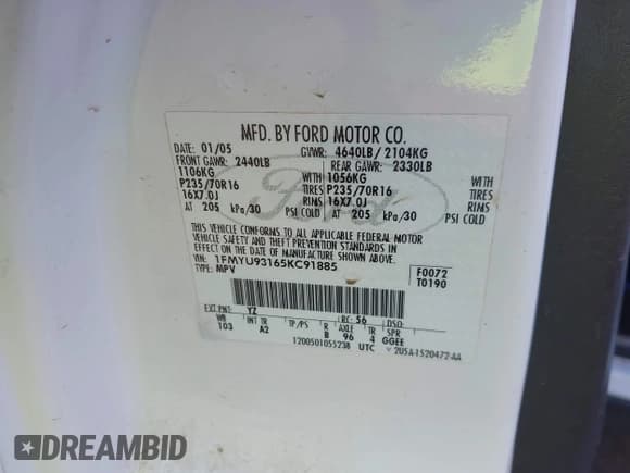 ✅ 2005 Ford Escape XLT • VIN: 1FMYU93165KC91885 • Lot: 43845775. Listed on IAAI with 274,845 mi. Free auction sales archive from the USA and detailed vehicle history report at DreamBid. Image 9.