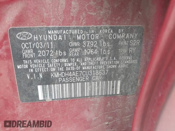 ✅ 2012 Hyundai Elantra Limited • VIN: KMHDH4AE7CU318637 • Lot: 42173038. Listed on IAAI with 177,967 mi. Free auction sales archive from the USA and detailed vehicle history report at DreamBid. Image 9.