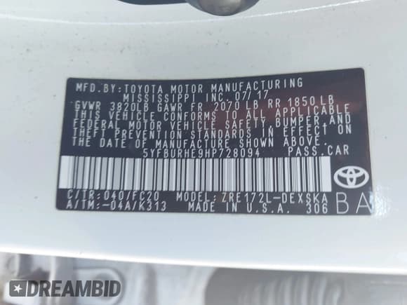 ✅ 2017 Toyota Corolla LE • VIN: 5YFBURHE9HP728094 • Лот: 43467918. Опубликован ранее на IAAI с пробегом 191 789 миль. Бесплатный доступ к архиву аукционных продаж из США и подробный отчёт об истории автомобиля на DreamBid. Изображение 9.