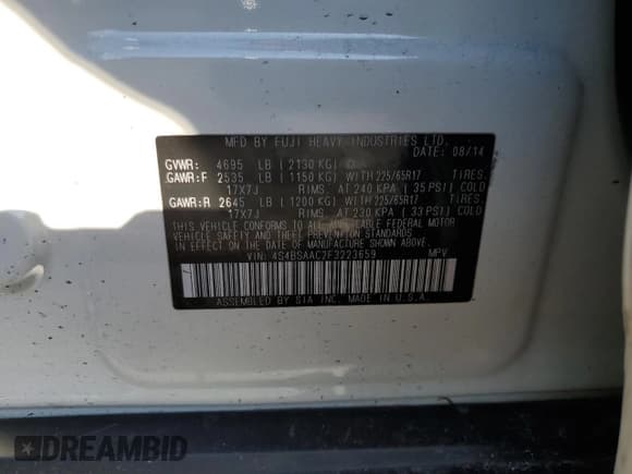 ✅ 2015 Subaru Outback 2.5i • VIN: 4S4BSAAC2F3223659 • Lot: 42594565. Wystawiony na Copart z przebiegiem 55 009 mil. Bezpłatny archiwum sprzedaży aukcyjnych z USA i szczegółowy raport historii pojazdu na DreamBid. Zdjęcie 15.