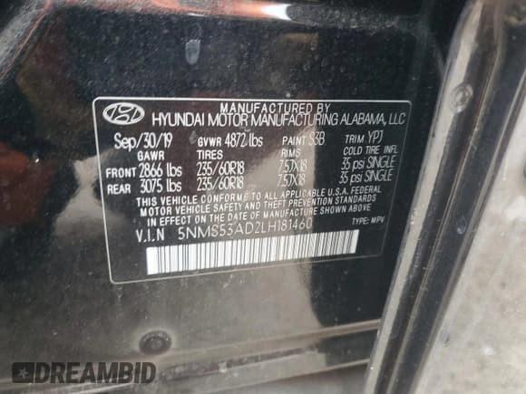 ✅ 2020 Hyundai Santa Fe Limited • VIN: 5NMS53AD2LH181460 • Lot: 45876475. Wystawiony na Copart z przebiegiem 106 413 mil. Bezpłatny archiwum sprzedaży aukcyjnych z USA i szczegółowy raport historii pojazdu na DreamBid. Zdjęcie 13.