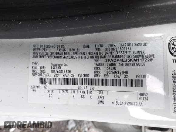 ✅ 2019 Ford Fiesta SE • VIN: 3FADP4EJ5KM117228 • Lot: 43698845. Wystawiony na IAAI z przebiegiem Nie podano. Bezpłatny archiwum sprzedaży aukcyjnych z USA i szczegółowy raport historii pojazdu na DreamBid. Zdjęcie 9.