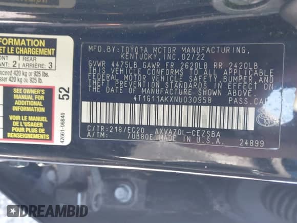 2022 Toyota Camry SE z VIN 4T1G11AKXNU030958, wystawiony jako IAAI lot #43466586 z przebiegiem 65 774 mil mil oraz . Historia ofert i sprzedaży dostępna na DreamBid. Obrazek 9.