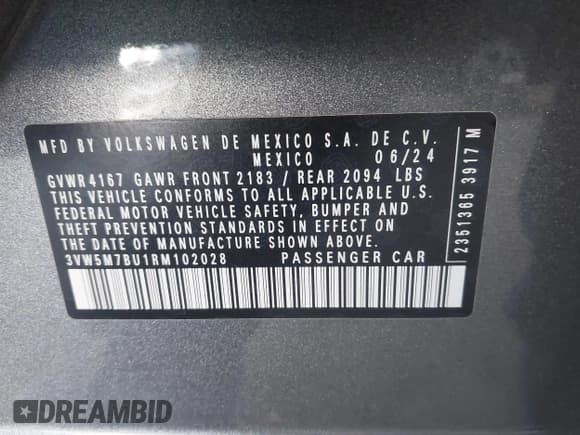 ✅ 2024 Volkswagen Jetta S • VIN: 3VW5M7BU1RM102028 • Lot: 42980097. Listed on IAAI with 19,466 mi. Free auction sales archive from the USA and detailed vehicle history report at DreamBid. Image 9.