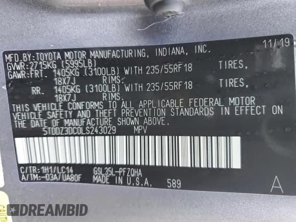 ✅ 2020 Toyota Sienna XLE • VIN: 5TDDZ3DC0LS243029 • Lot: 50818735. Listed on Copart with 84,182 mi. Free auction sales archive from the USA and detailed vehicle history report at DreamBid. Image 14.
