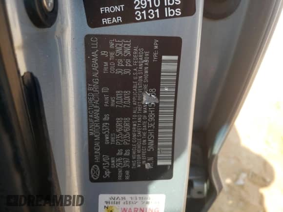 2008 Hyundai Santa Fe SE с VIN 5NMSH13E98H151638, выставлен на аукционе Copart как лот 69387394 с пробегом 171 451 миль миль и Списание • Salvage title. История ставок и продаж доступна на DreamBid. Изображение 12.