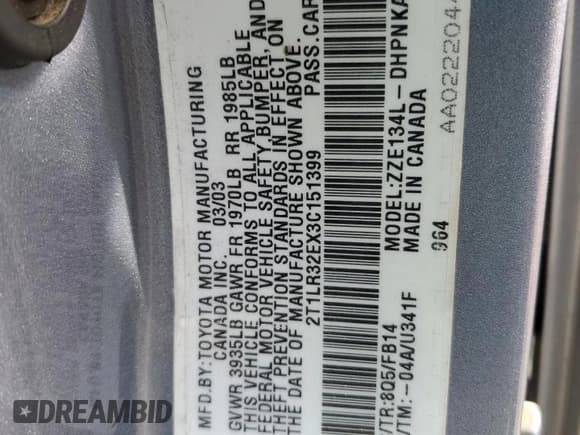 ✅ 2003 Toyota Matrix Std • VIN: 2T1LR32EX3C151399 • Lot: 67577885. Wystawiony na Copart z przebiegiem 164 612 mil. Bezpłatny archiwum sprzedaży aukcyjnych z USA i szczegółowy raport historii pojazdu na DreamBid. Zdjęcie 14.