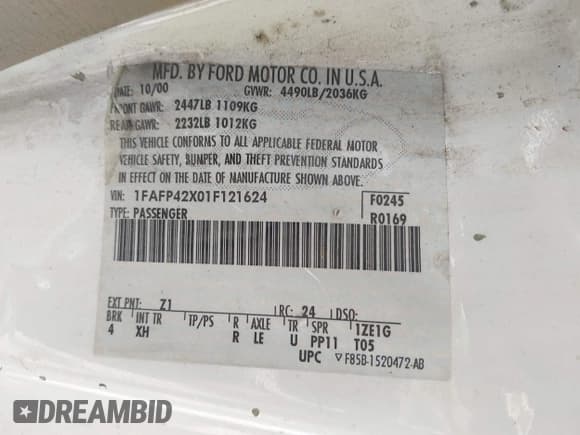 ✅ 2001 Ford Mustang GT Deluxe • VIN: 1FAFP42X01F121624 • Лот: 42365210. Опубликован ранее на IAAI с пробегом 199 088 миль. Бесплатный доступ к архиву аукционных продаж из США и подробный отчёт об истории автомобиля на DreamBid. Изображение 9.