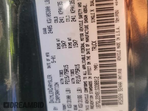 ✅ 2001 Dodge Dakota • VIN: 1B7GL22X81S338912 • Lot: 60494935. Wystawiony na Copart z przebiegiem 194 401 mil. Bezpłatny archiwum sprzedaży aukcyjnych z USA i szczegółowy raport historii pojazdu na DreamBid. Zdjęcie 12.
