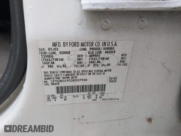 ✅ 2003 Ford F-350 XL • VIN: 1FTSW31P23ED37930 • Lot: 42341869. Listed on IAAI with 313,413 mi. Free auction sales archive from the USA and detailed vehicle history report at DreamBid. Image 9.