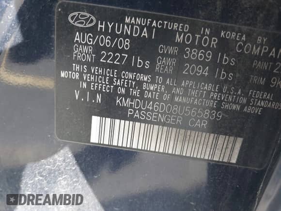 2008 Hyundai Elantra GLS с VIN KMHDU46D08U565839, выставлен на аукционе IAAI как лот 43512130 с пробегом 219 253 миль миль и . История ставок и продаж доступна на DreamBid. Изображение 9.