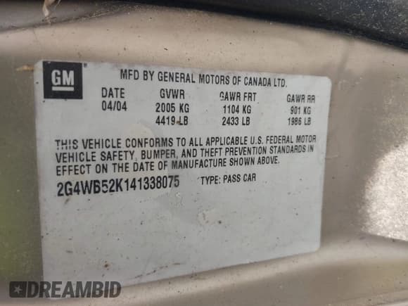 ✅ 2004 Buick Regal LS • VIN: 2G4WB52K141338075 • Lot: 42096026. Listed on IAAI with Not provided. Free auction sales archive from the USA and detailed vehicle history report at DreamBid. Image 9.