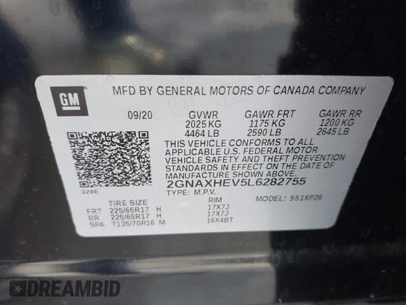 ✅ 2020 Chevrolet Equinox LS • VIN: 2GNAXHEV5L6282755 • Lot: 43363980. Listed on IAAI with 99,456 mi. Free auction sales archive from the USA and detailed vehicle history report at DreamBid. Image 9.