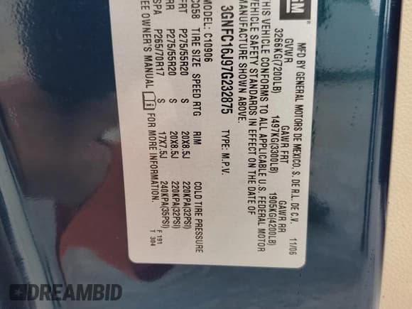 ✅ 2007 Chevrolet Suburban LTZ • VIN: 3GNFC16J97G232875 • Lot: 63295805. Listed on Copart with 194,662 mi. Free auction sales archive from the USA and detailed vehicle history report at DreamBid. Image 13.