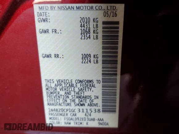 ✅ 2016 Nissan LEAF S • VIN: 1N4BZ0CP1GC311538 • Lot: 52048165. Listed on Copart with 75,060 mi. Free auction sales archive from the USA and detailed vehicle history report at DreamBid. Image 13.