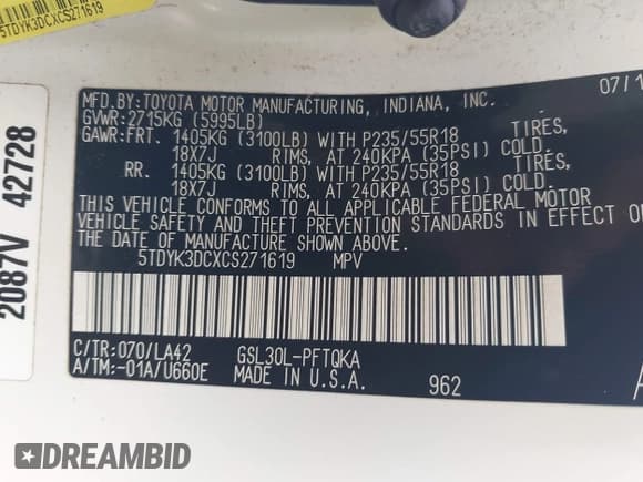 ✅ 2012 Toyota Sienna XLE AAS • VIN: 5TDYK3DCXCS271619 • Lot: 42887364. Listed on IAAI with 155,064 mi. Free auction sales archive from the USA and detailed vehicle history report at DreamBid. Image 9.