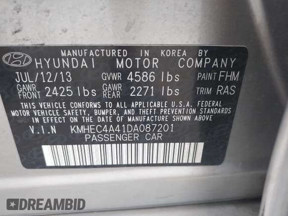 ✅ 2013 Hyundai Sonata Limited • VIN: KMHEC4A41DA087201 • Lot: 43491938. Listed on IAAI with Not provided. Free auction sales archive from the USA and detailed vehicle history report at DreamBid. Image 9.