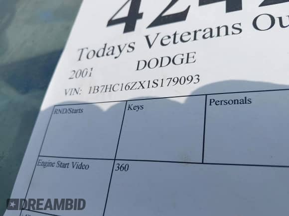 2001 Dodge 1500 with VIN 1B7HC16ZX1S179093, listed as a IAAI auction lot 42422009 with Not provided miles and . Bid and sale history available at DreamBid. Image 9.