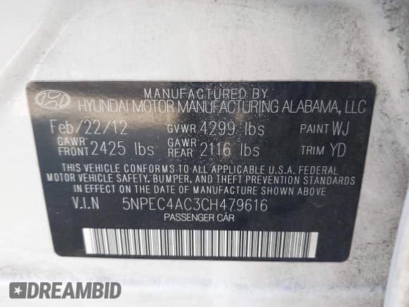 ✅ 2012 Hyundai Sonata SE • VIN: 5NPEC4AC3CH479616 • Lot: 43465645. Listed on IAAI with 171,948 mi. Free auction sales archive from the USA and detailed vehicle history report at DreamBid. Image 9.