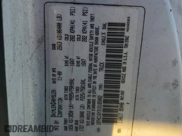 2001 Dodge 1500 z VIN 1B7HC16Y31S185082, wystawiony jako Copart lot #82000214 z przebiegiem 235 923 mil mil oraz Szkoda całkowita • Salvage title. Historia ofert i sprzedaży dostępna na DreamBid. Obrazek 12.