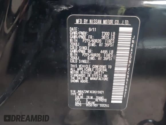 ✅ 2012 Infiniti QX56 7-passenger • VIN: JN8AZ2NFXC9515921 • Lot: 42560488. Wystawiony na IAAI z przebiegiem 154 966 mil. Bezpłatny archiwum sprzedaży aukcyjnych z USA i szczegółowy raport historii pojazdu na DreamBid. Zdjęcie 9.