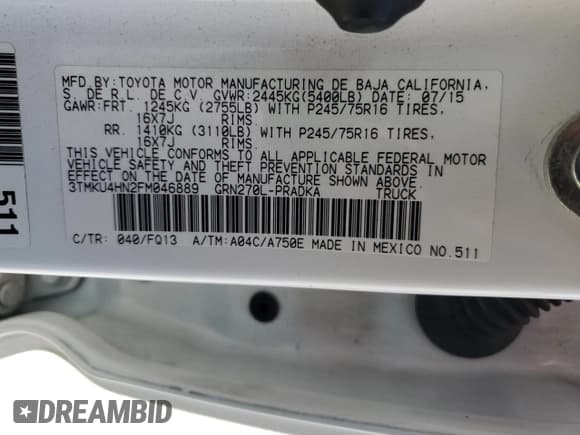 ✅ 2015 Toyota Tacoma PreRunner • VIN: 3TMKU4HN2FM046889 • Lot: 63442245. Listed on Copart with 114,391 mi. Free auction sales archive from the USA and detailed vehicle history report at DreamBid. Image 13.