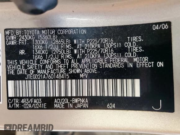 ✅ 2006 Toyota Highlander • VIN: JTEGD21A760148415 • Лот: 93761385. Опубликован ранее на Copart с пробегом 154 880 миль. Бесплатный доступ к архиву аукционных продаж из США и подробный отчёт об истории автомобиля на DreamBid. Изображение 13.