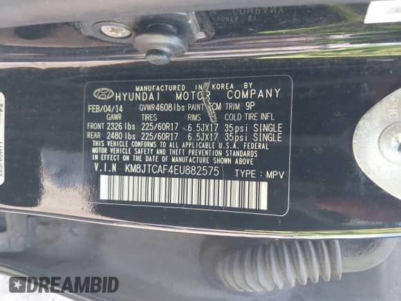 2014 Hyundai Tucson GLS with VIN KM8JTCAF4EU882575, listed as a IAAI auction lot 42960446 with 119,923 mi miles and . Bid and sale history available at DreamBid. Image 9.