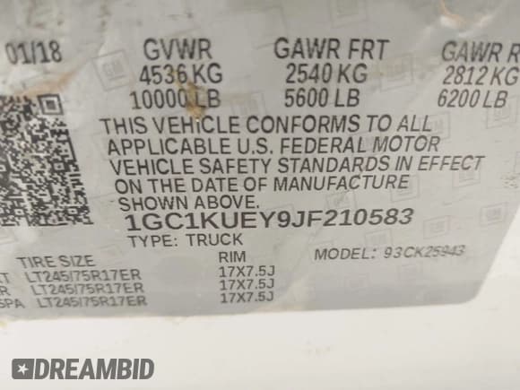 ✅ 2018 Chevrolet Silverado 2500HD Work Truck • VIN: 1GC1KUEY9JF210583 • Лот: 43551671. Опубликован ранее на IAAI с пробегом Не указан. Бесплатный доступ к архиву аукционных продаж из США и подробный отчёт об истории автомобиля на DreamBid. Изображение 8.