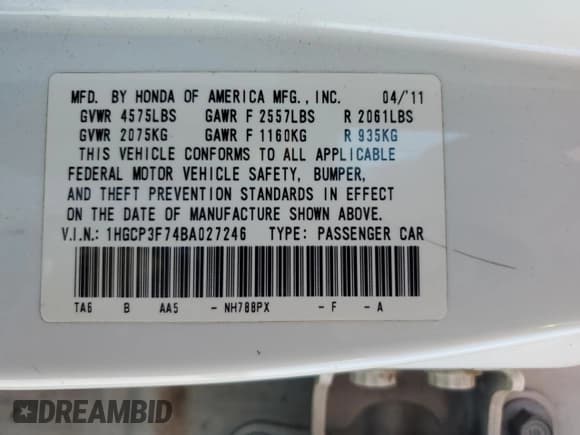 ✅ 2011 Honda Accord EX • VIN: 1HGCP3F74BA027246 • Lot: 87293665. Listed on Copart with 137,517 mi. Free auction sales archive from the USA and detailed vehicle history report at DreamBid. Image 12.