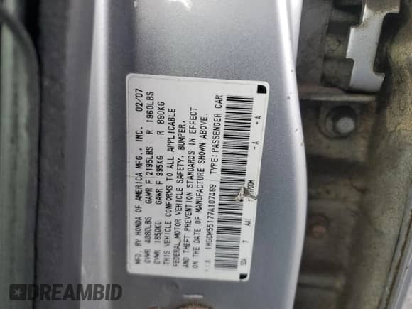 2007 Honda Accord VP with VIN 1HGCM55177A107469, listed as a Copart auction lot 87006274 with 131,315 mi miles and Clean title. Bid and sale history available at DreamBid. Image 12.