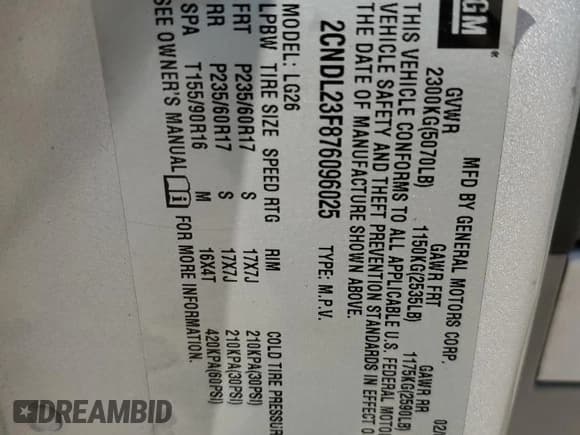 ✅ 2007 Chevrolet Equinox LS • VIN: 2CNDL23F876096025 • Лот: 53333505. Опубликован ранее на Copart с пробегом 126 783 миль. Бесплатный доступ к архиву аукционных продаж из США и подробный отчёт об истории автомобиля на DreamBid. Изображение 15.