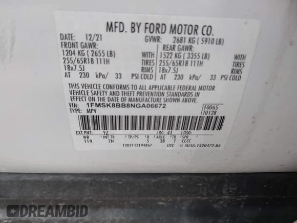 ✅ 2022 Ford Explorer • VIN: 1FMSK8BB8NGA06672 • Лот: 41577022. Опубликован ранее на IAAI с пробегом 57 692 миль. Бесплатный доступ к архиву аукционных продаж из США и подробный отчёт об истории автомобиля на DreamBid. Изображение 9.